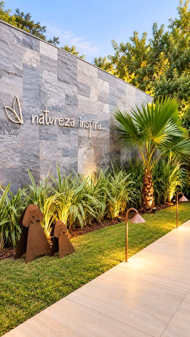 Jardim com iluminação paisagística e letreiro natureza inspira